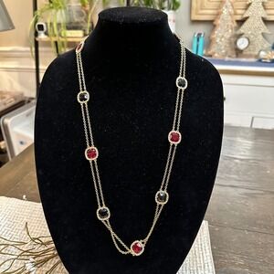 Talbots‎ Chunky Red Black Gem with Rhinestones Long Chain Necklace Gold Tone